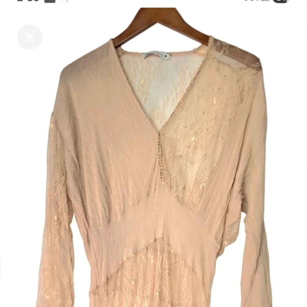 ZARA Women's Beige sheer Lace Trim V-Neck Maxi Dress M - Picture 9 of 9